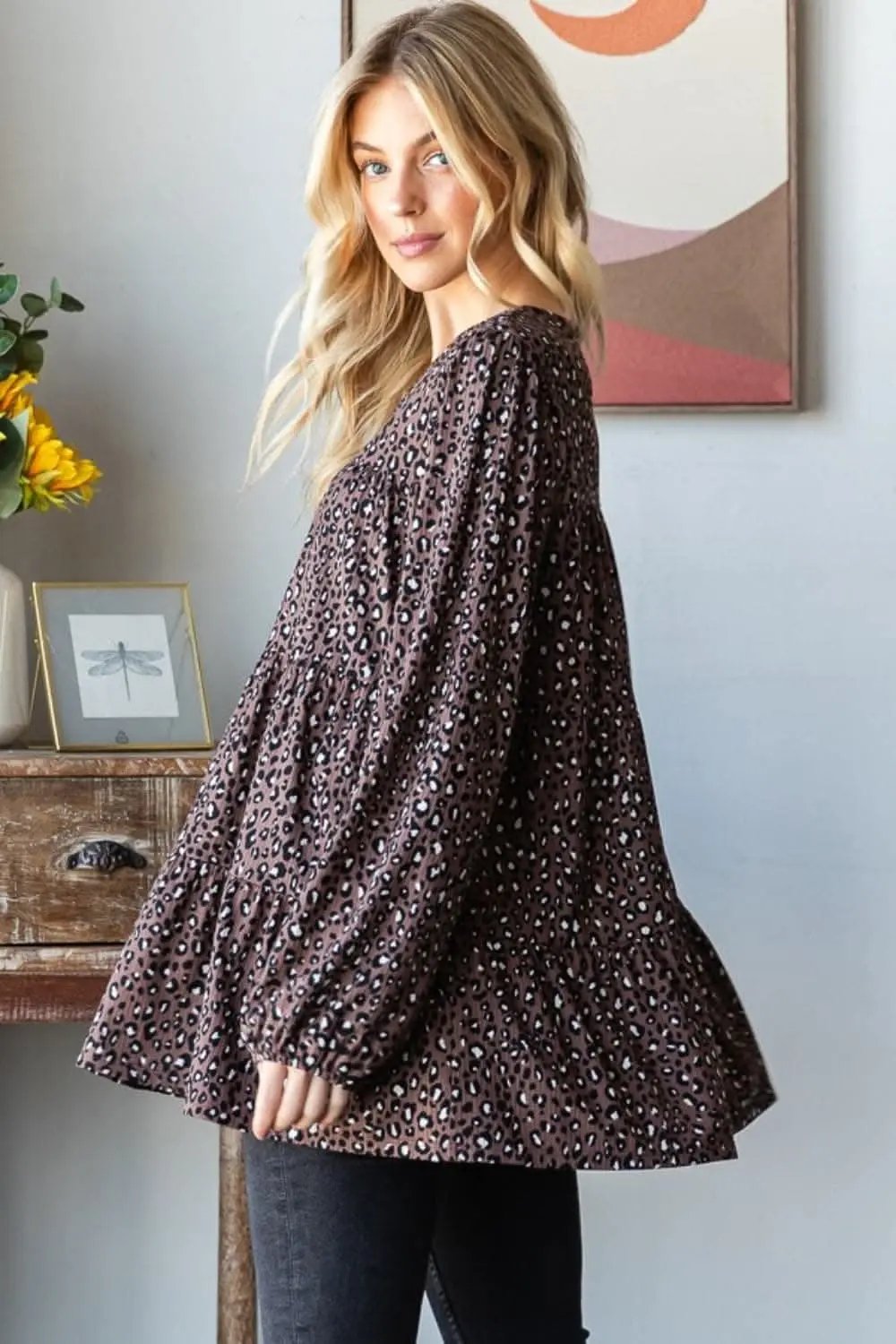 T-Shirts Trendsi Leopard Print Blouse Women's Everyday Long Sleeve Top Chic & Tiered