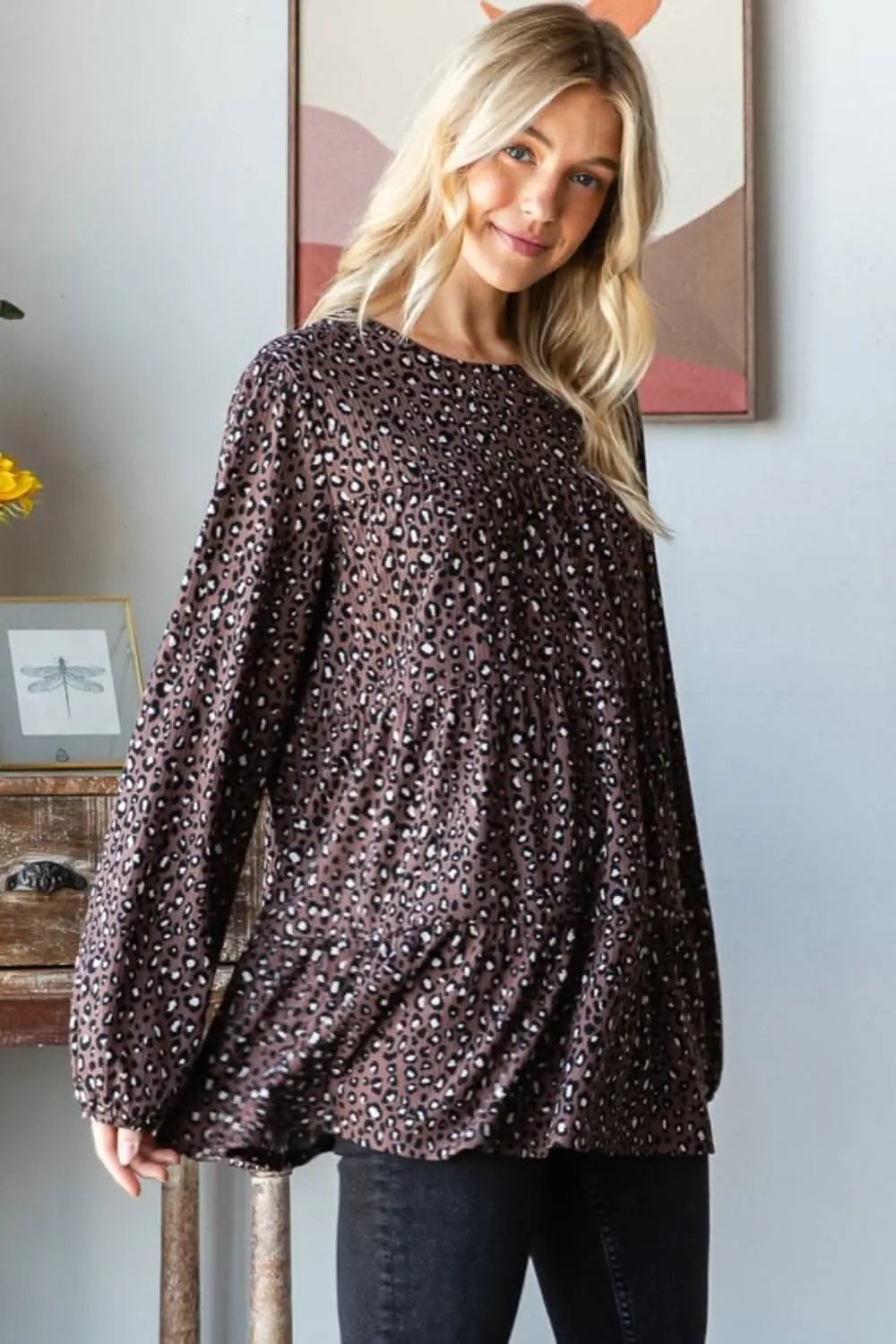 T-Shirts Trendsi Leopard Print Blouse Women's Everyday Long Sleeve Top Chic & Tiered
