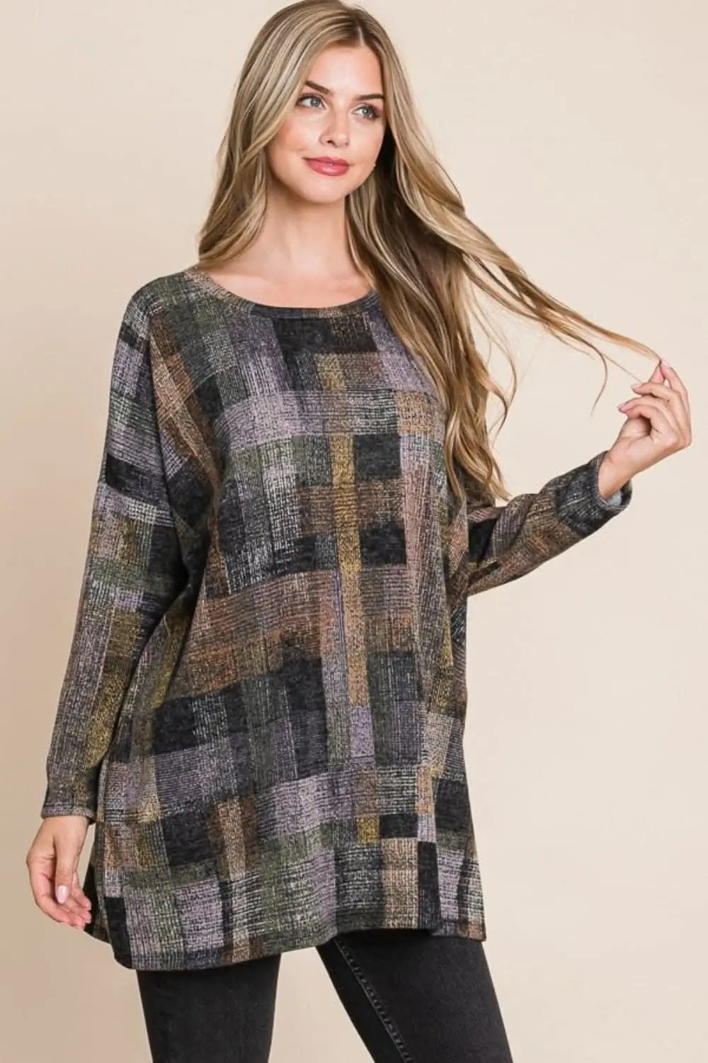 Pants Trendsi BOMBOM Plaid Round Neck Long Sleeve Top