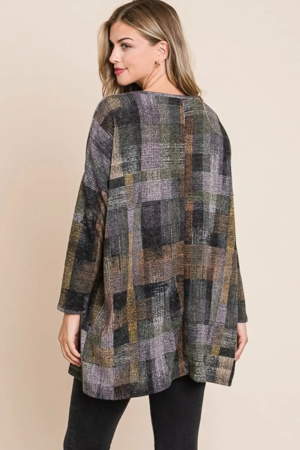 Pants Trendsi BOMBOM Plaid Round Neck Long Sleeve Top