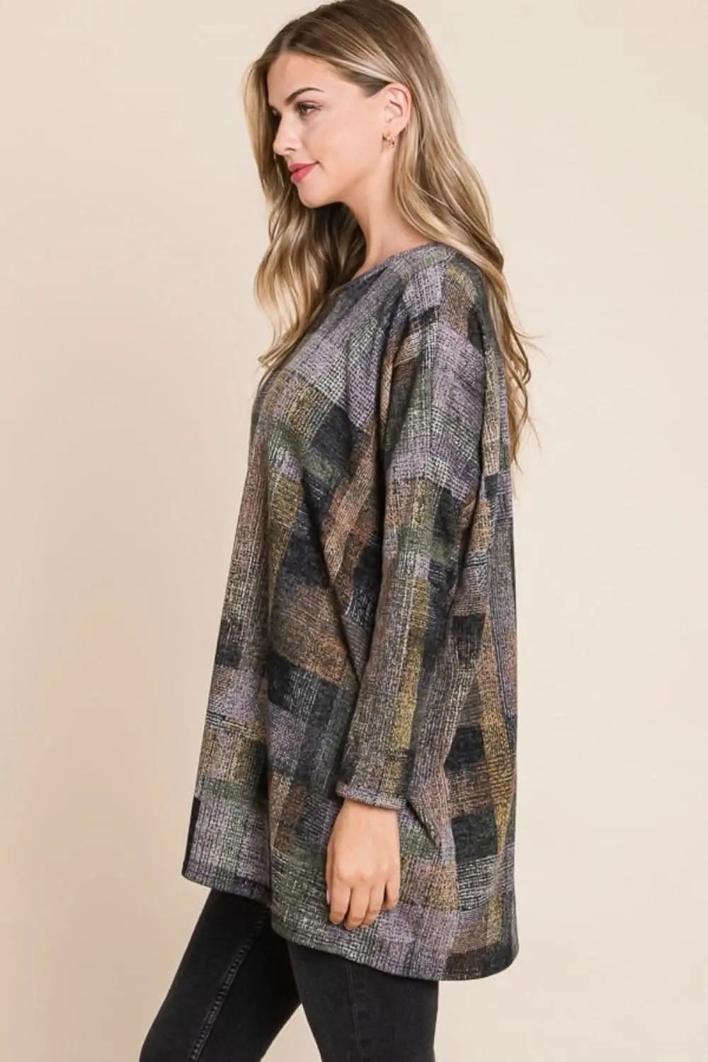 Pants Trendsi BOMBOM Plaid Round Neck Long Sleeve Top