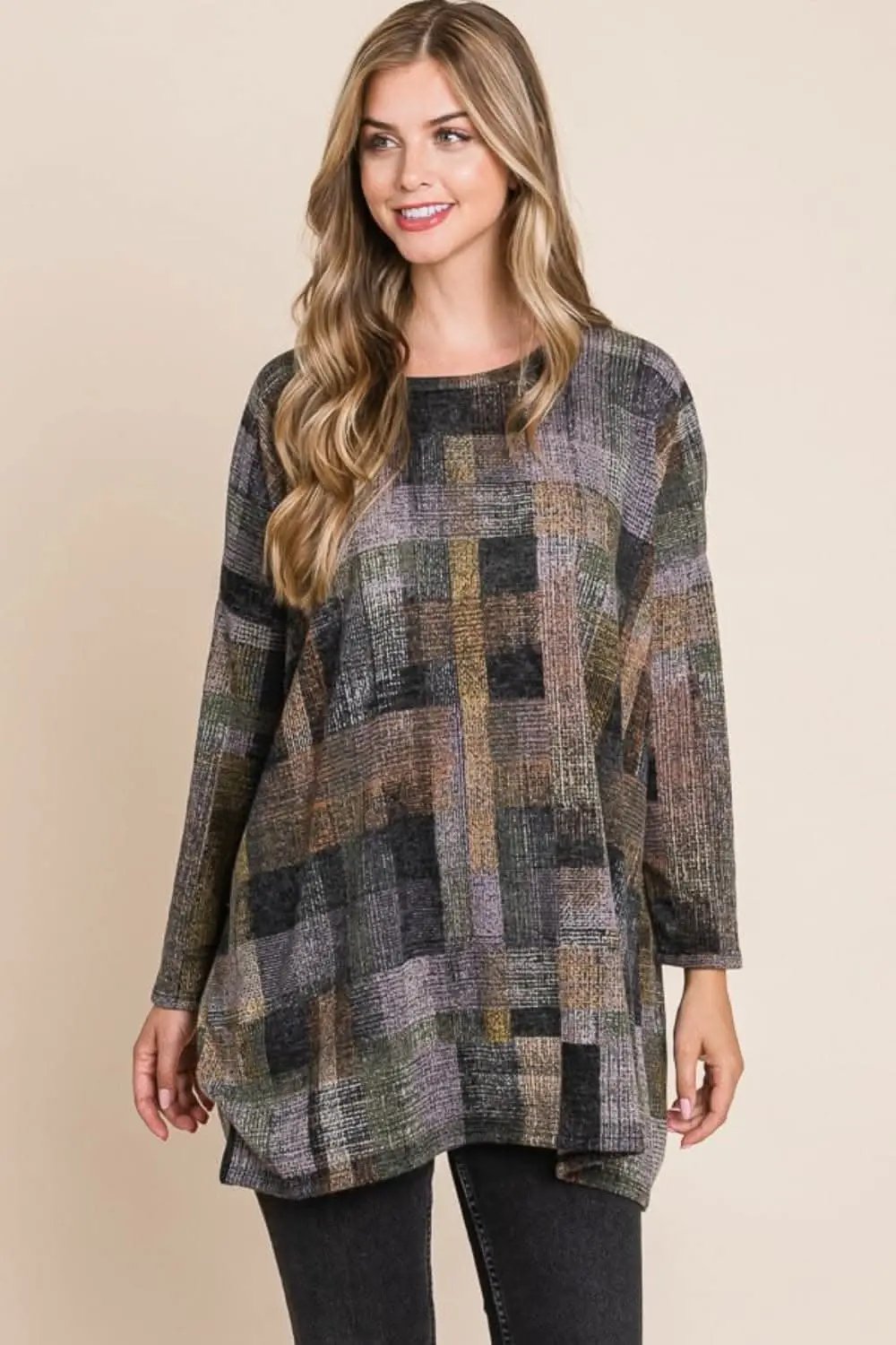 Pants Trendsi BOMBOM Plaid Round Neck Long Sleeve Top