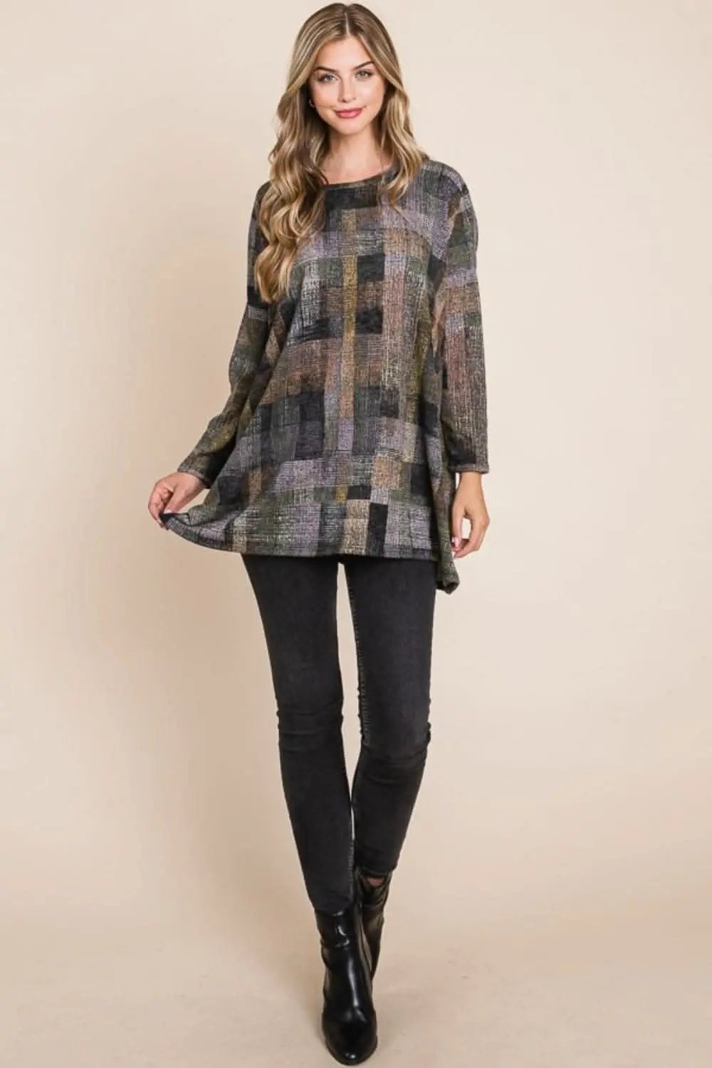 Pants Trendsi BOMBOM Plaid Round Neck Long Sleeve Top