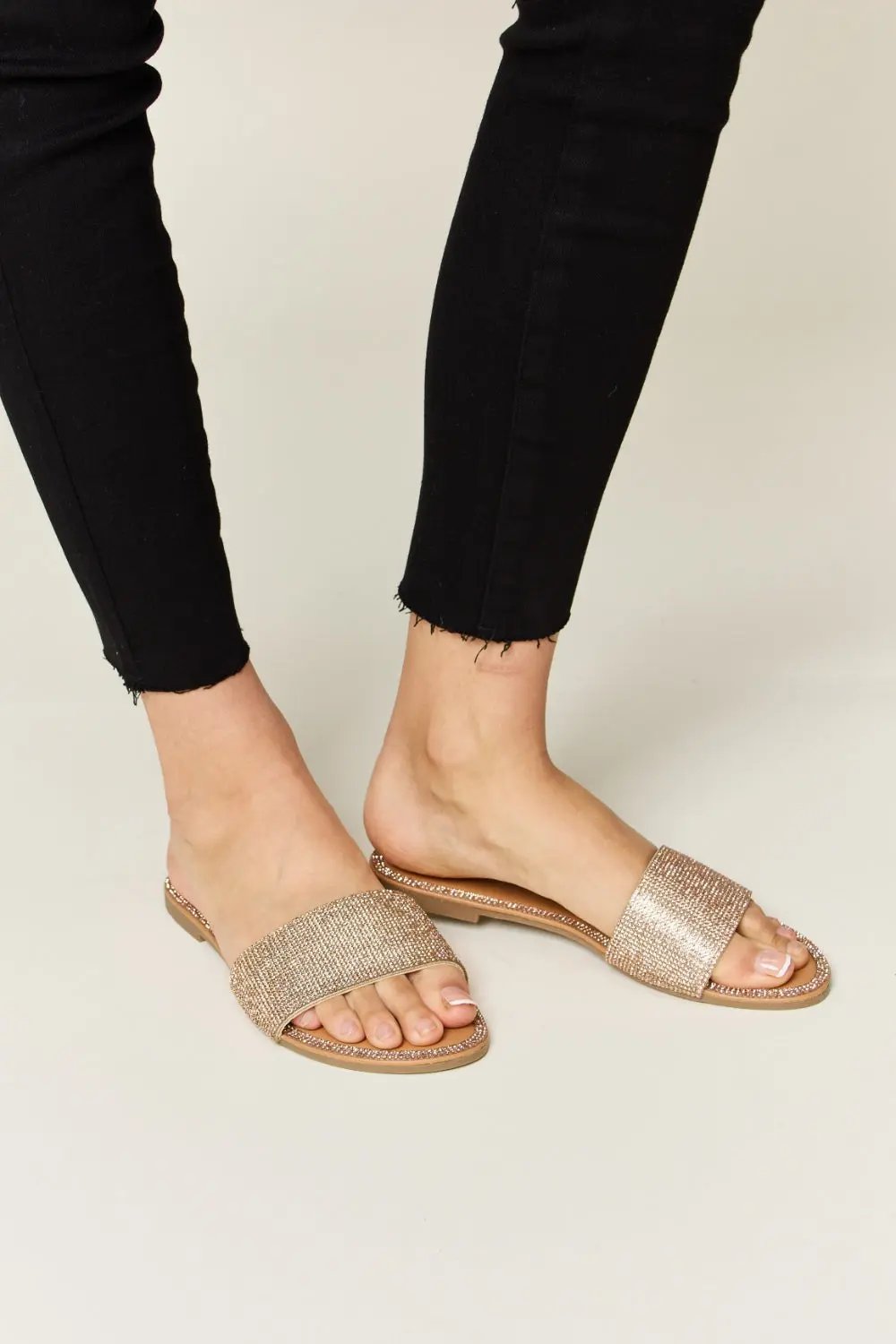Rhinestone Flat Sandals by Trendsi — Sparkle Rose Gold