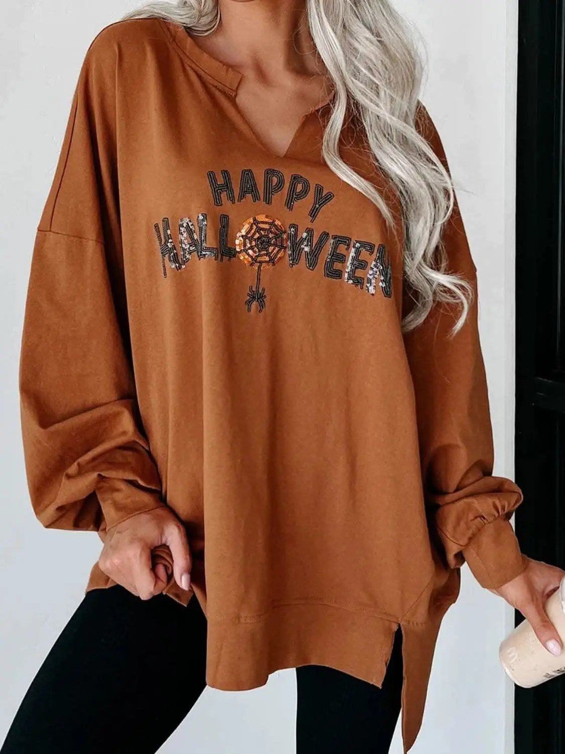 Sweatshirts & Hoodies Trendsi Notched sequin letter top in sheer