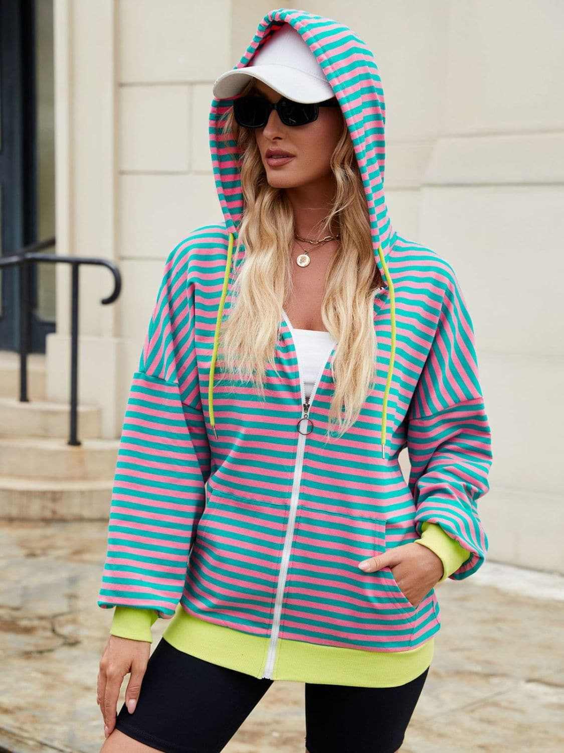 Jackets Trendsi Striped Zip-Up Hoodie Women's Fashionable Comfy Jacket