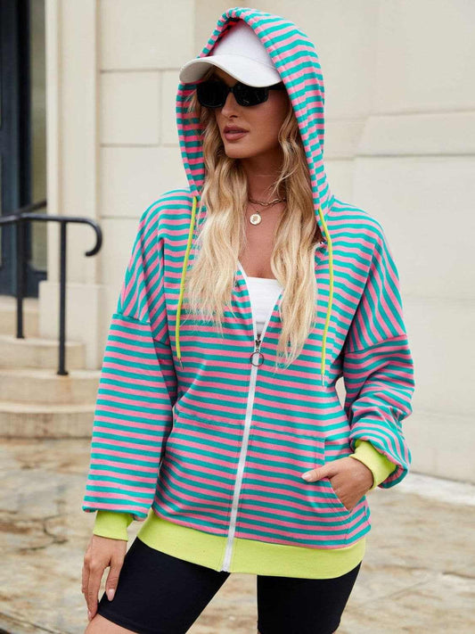 Jackets Trendsi Striped Zip-Up Hoodie Women's Fashionable Comfy Jacket