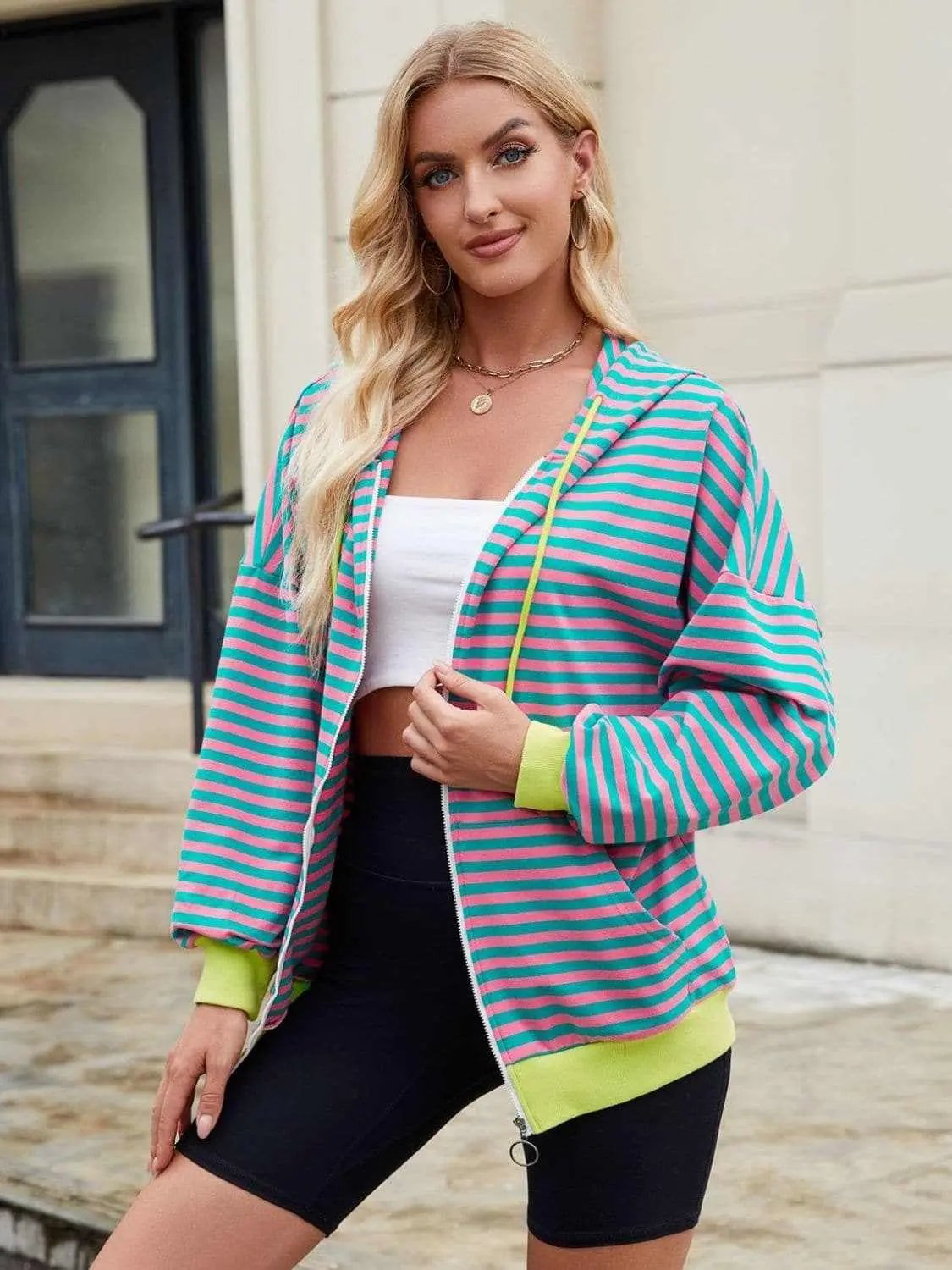 Jackets Trendsi Striped Zip-Up Hoodie Women's Fashionable Comfy Jacket