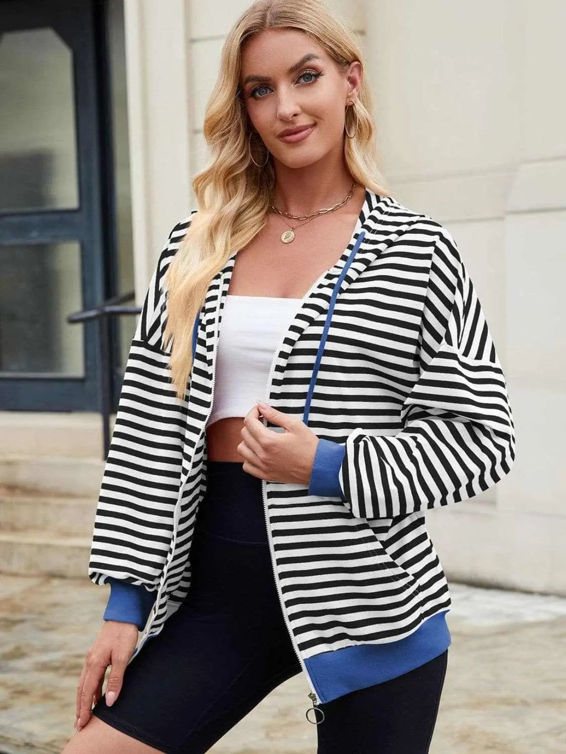 Jackets Trendsi Striped Zip-Up Hoodie Women's Fashionable Comfy Jacket