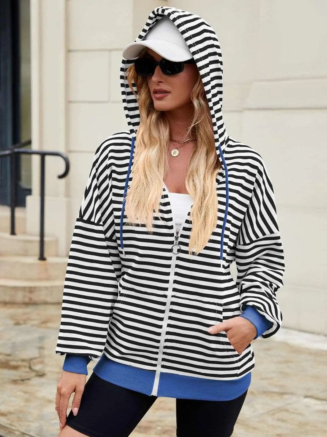 Jackets Trendsi Striped Zip-Up Hoodie Women's Fashionable Comfy Jacket