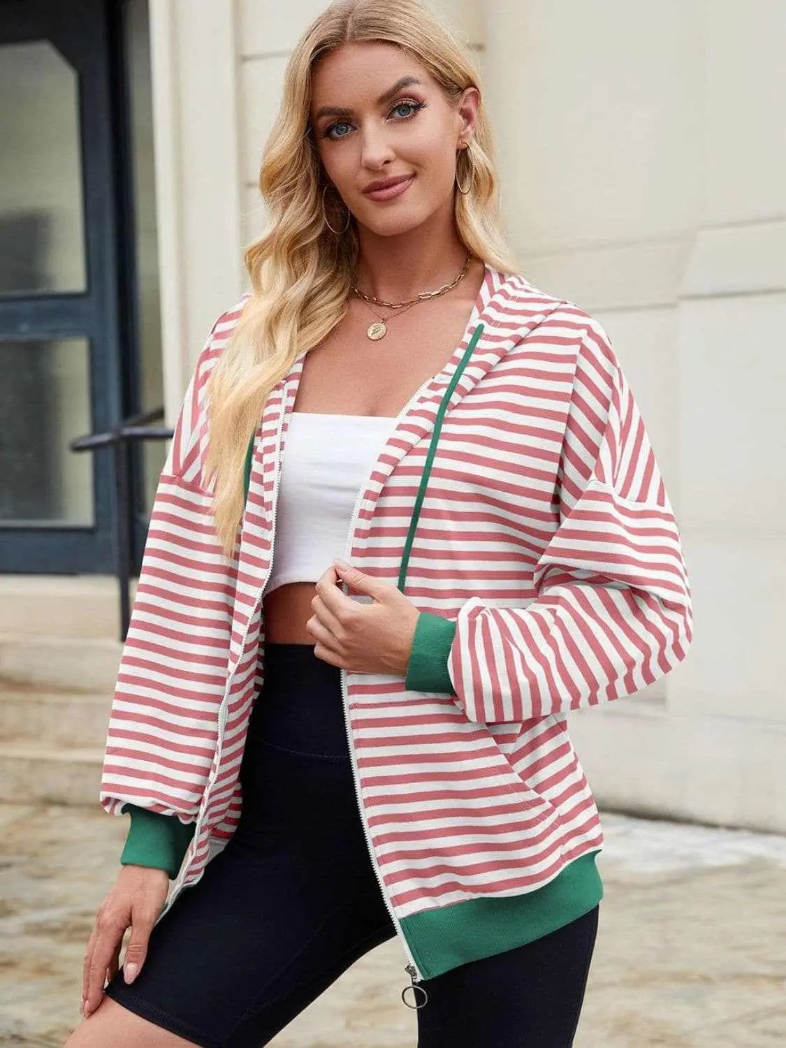 Jackets Trendsi Striped Zip-Up Hoodie Women's Fashionable Comfy Jacket