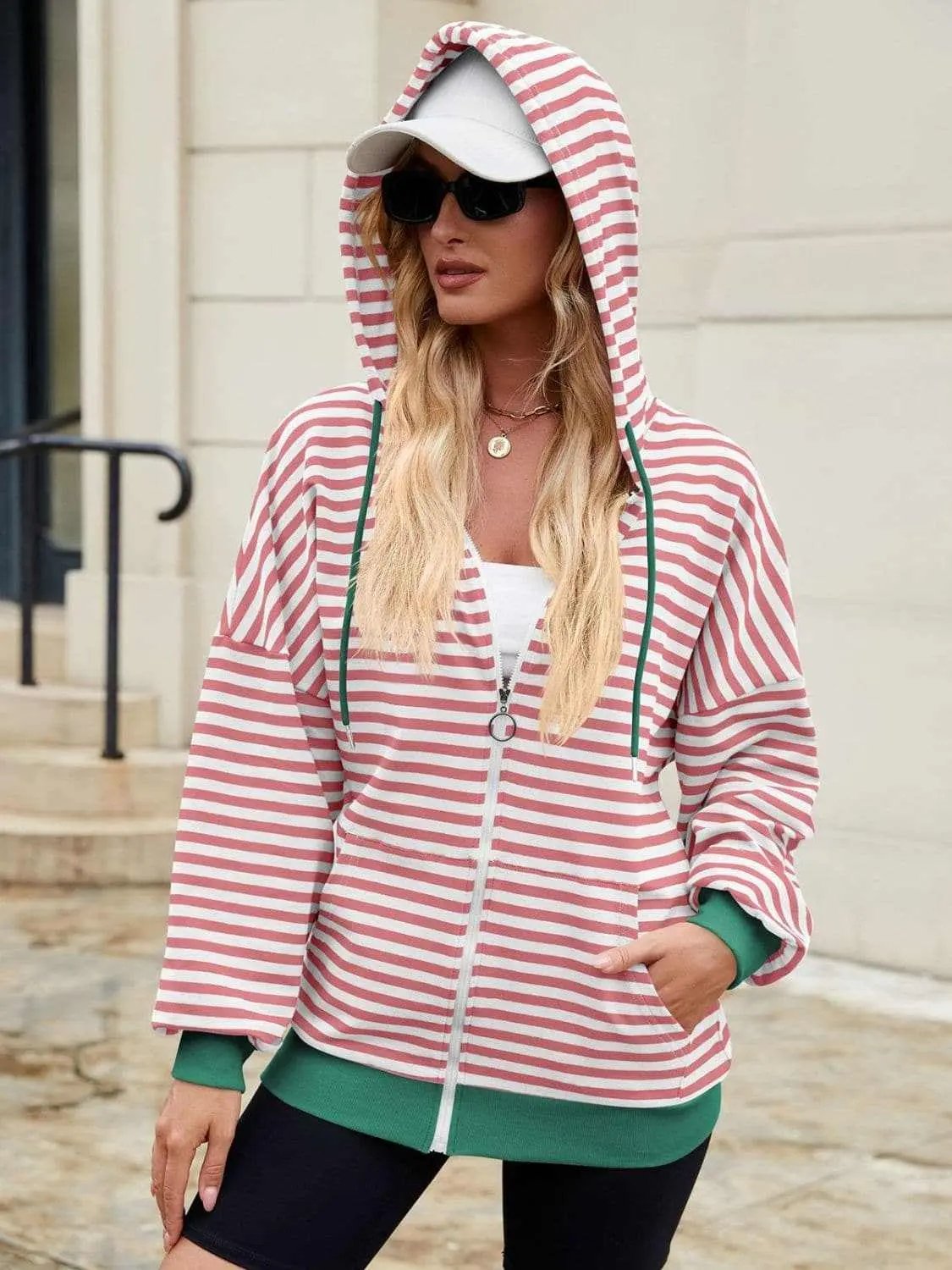 Jackets Trendsi Striped Zip-Up Hoodie Women's Fashionable Comfy Jacket