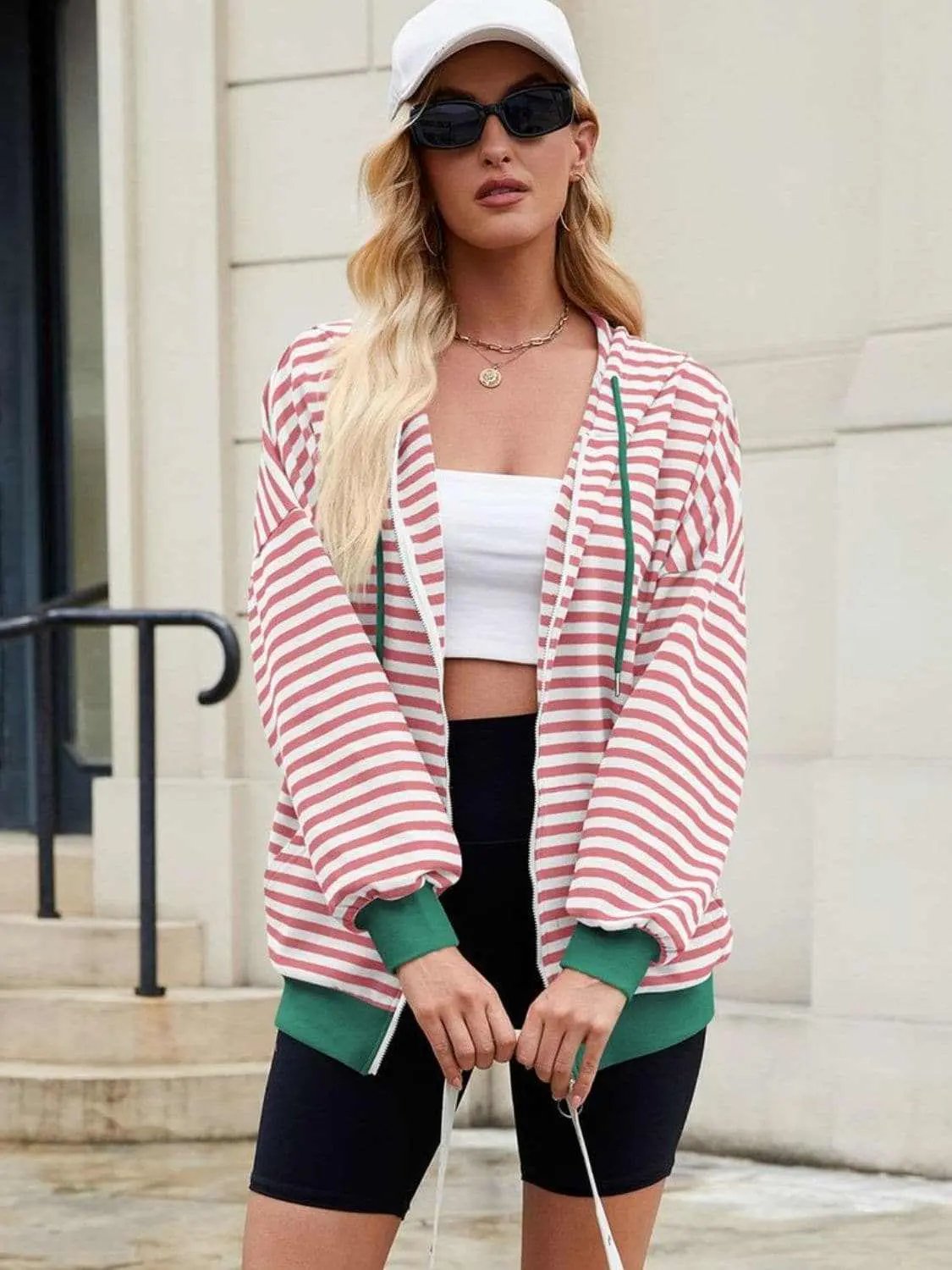 Jackets Trendsi Striped Zip-Up Hoodie Women's Fashionable Comfy Jacket
