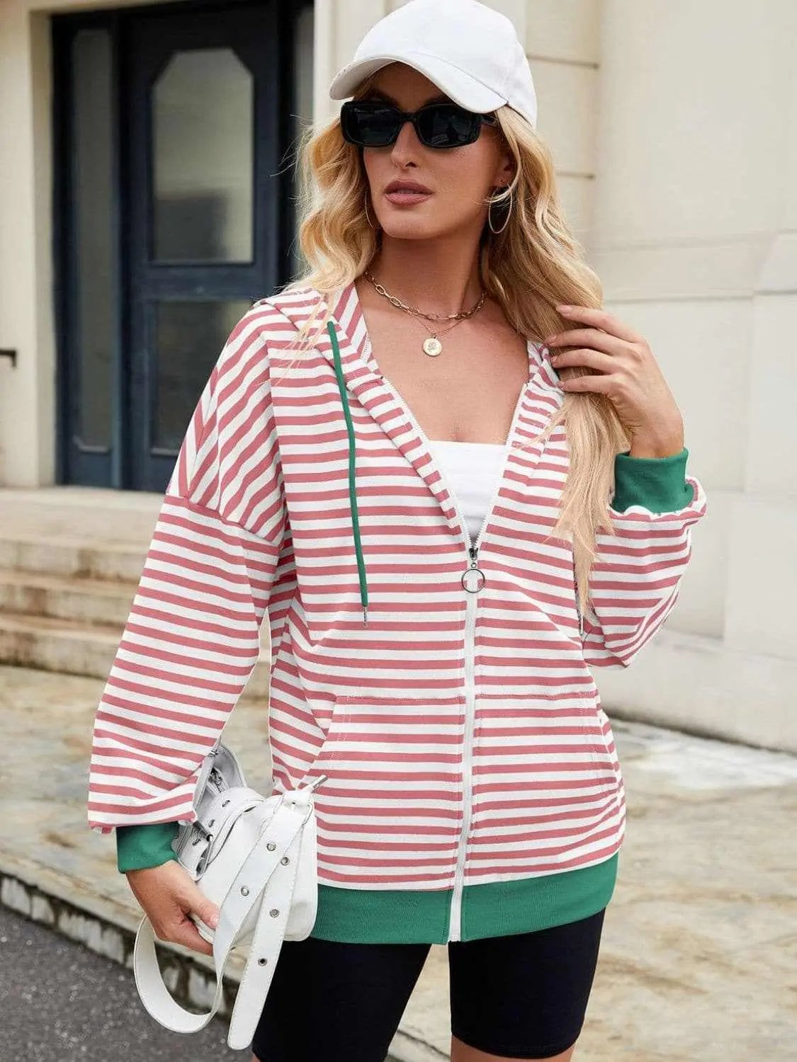 Jackets Trendsi Striped Zip-Up Hoodie Women's Fashionable Comfy Jacket
