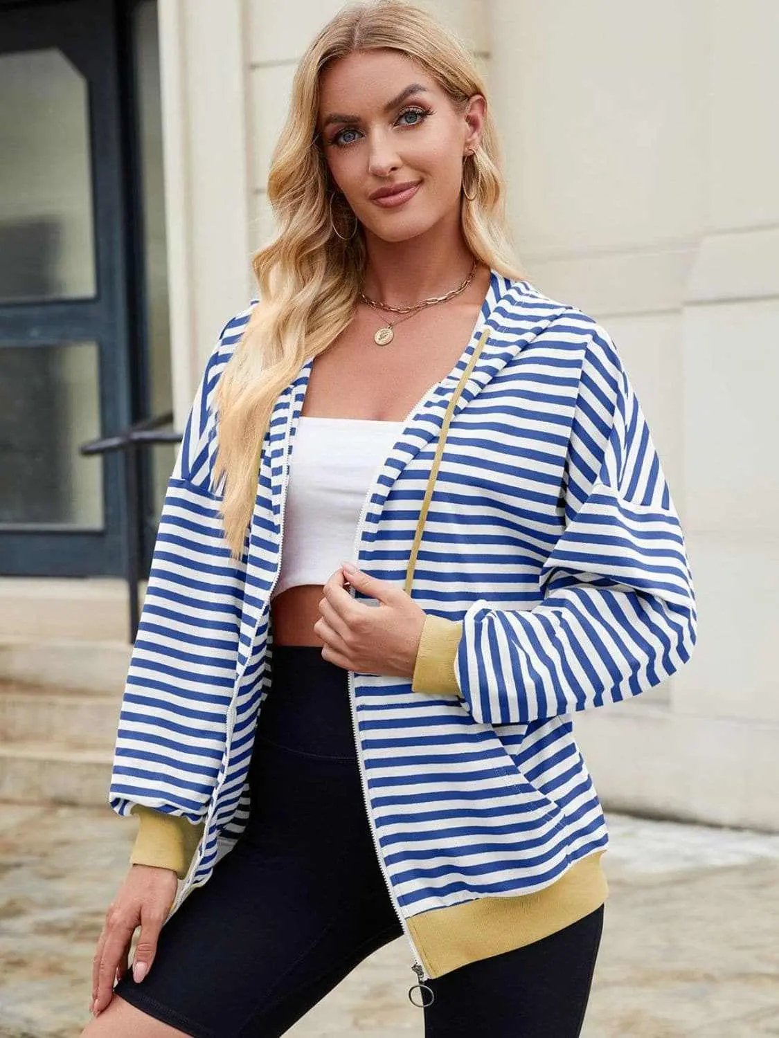 Jackets Trendsi Striped Zip-Up Hoodie Women's Fashionable Comfy Jacket