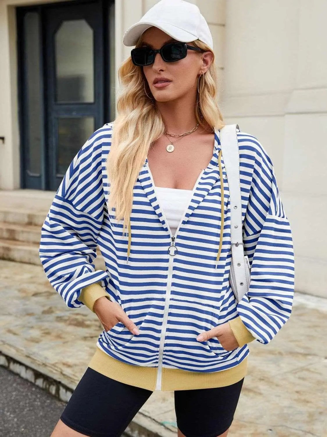 Jackets Trendsi Striped Zip-Up Hoodie Women's Fashionable Comfy Jacket