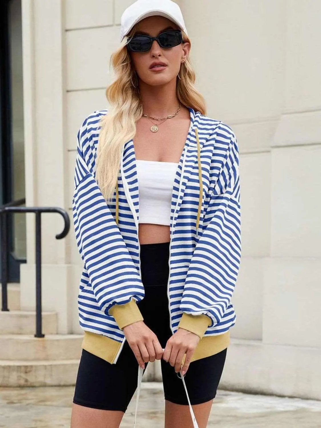 Jackets Trendsi Striped Zip-Up Hoodie Women's Fashionable Comfy Jacket