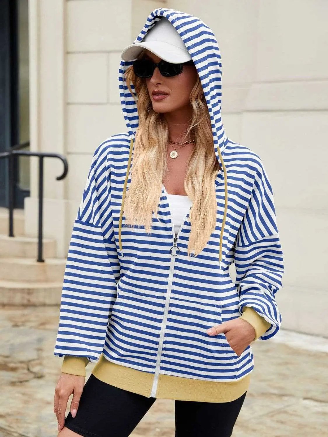 Jackets Trendsi Striped Zip-Up Hoodie Women's Fashionable Comfy Jacket