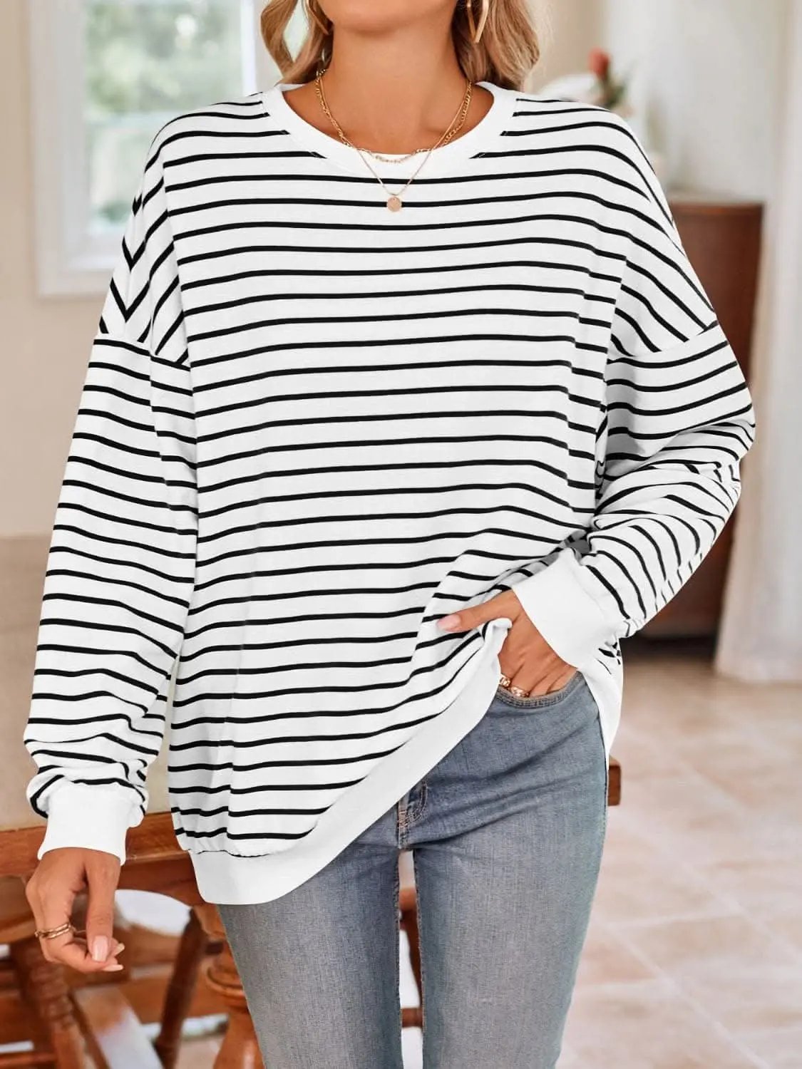 Sweatshirts & Hoodies Trendsi Cozy striped crewneck sweatshirt