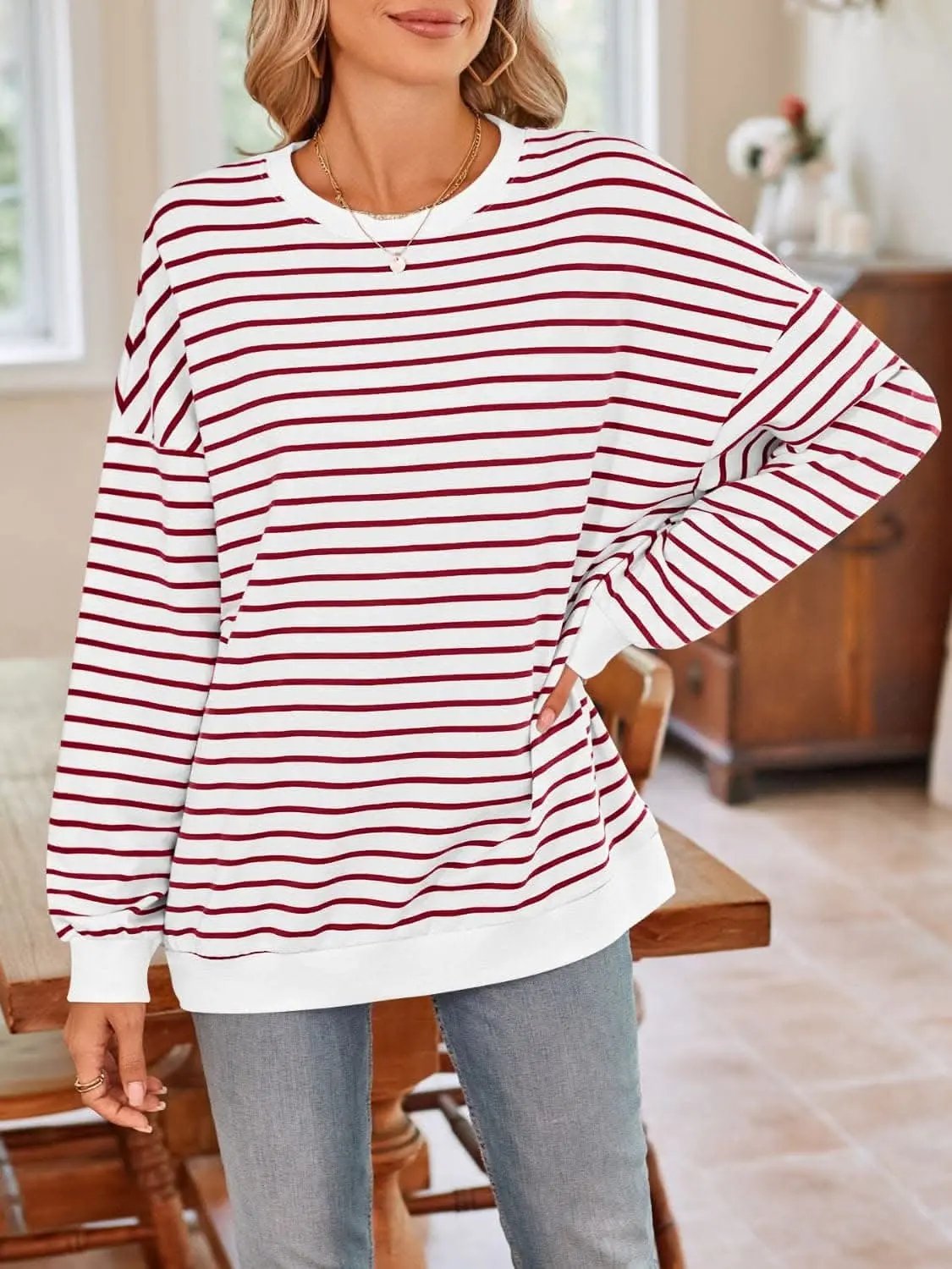Sweatshirts & Hoodies Trendsi Cozy striped crewneck sweatshirt