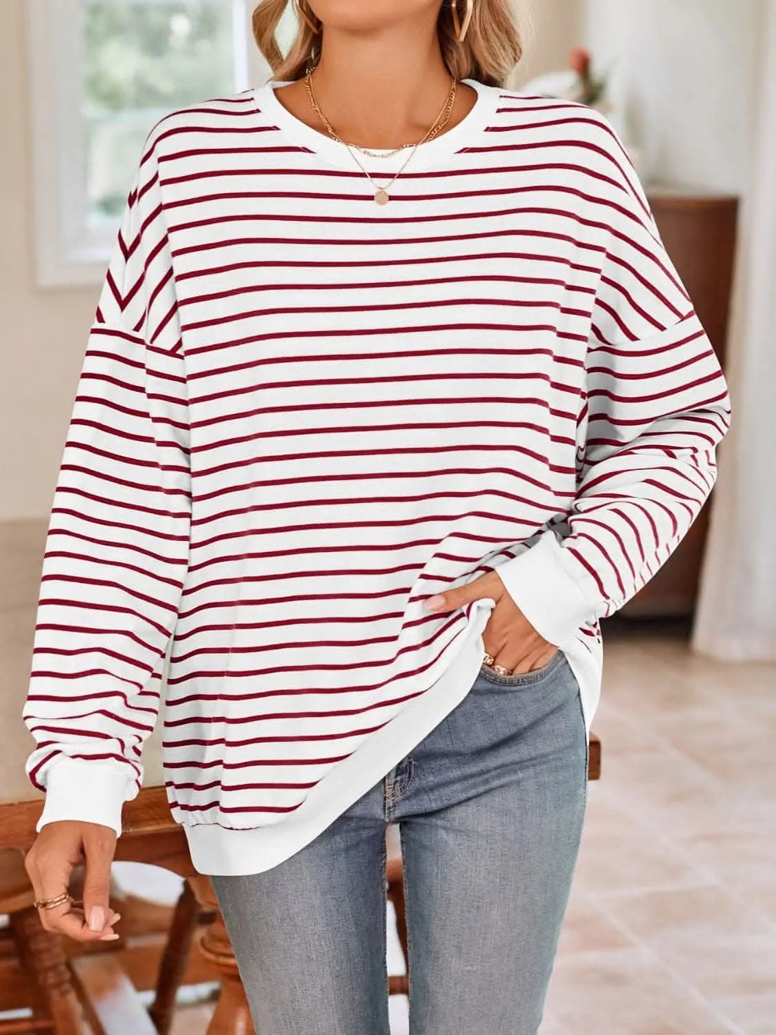 Sweatshirts & Hoodies Trendsi Cozy striped crewneck sweatshirt