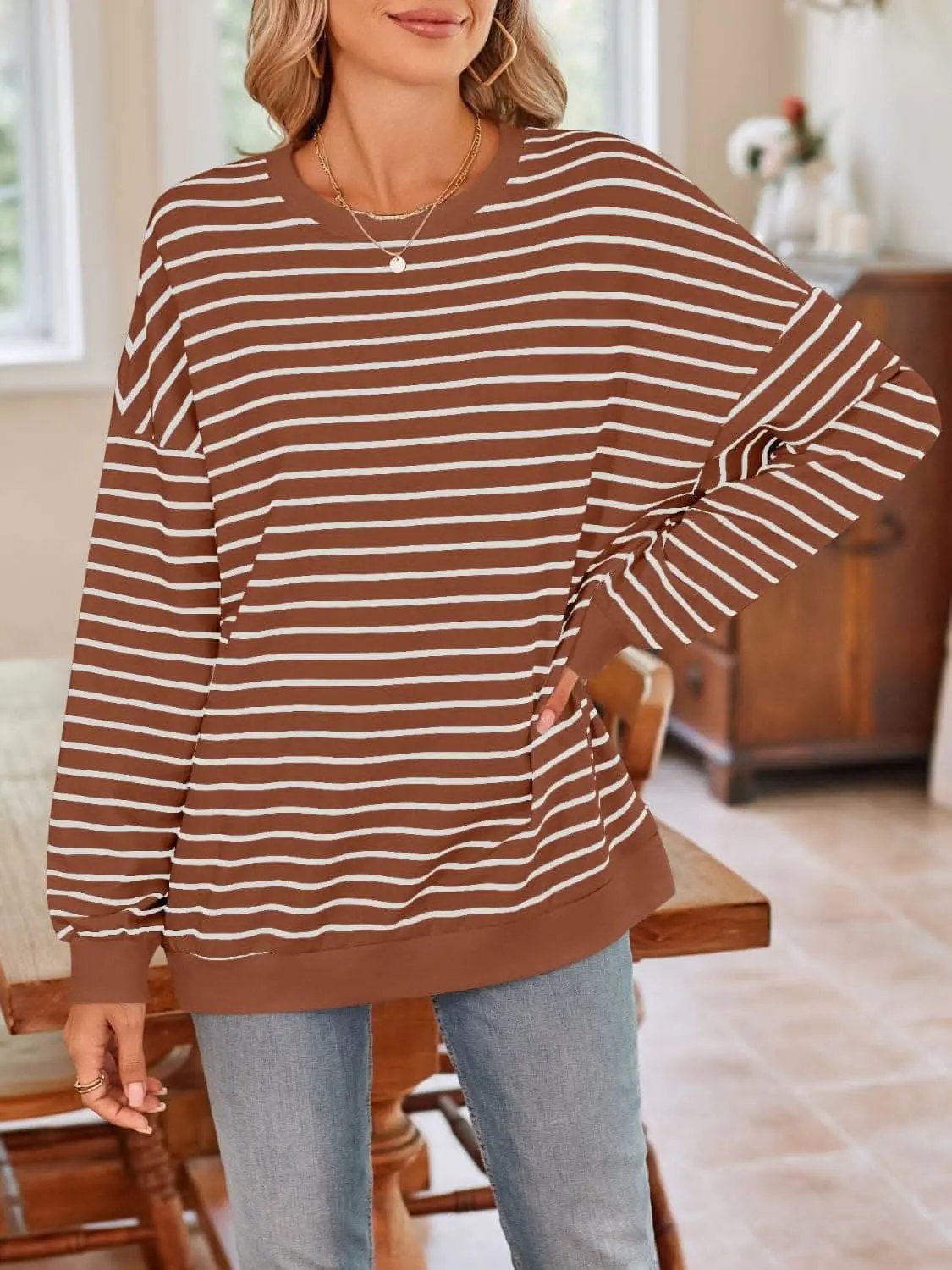 Sweatshirts & Hoodies Trendsi Cozy striped crewneck sweatshirt