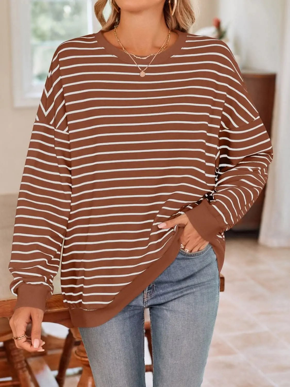 Sweatshirts & Hoodies Trendsi Cozy striped crewneck sweatshirt