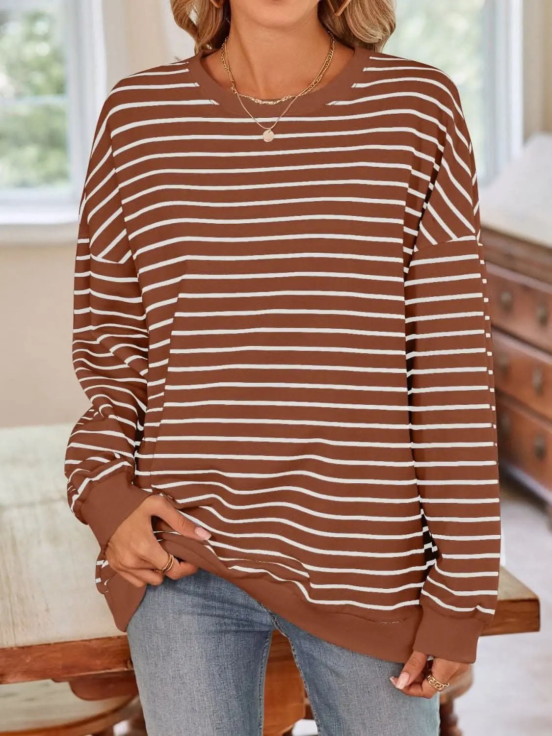 Sweatshirts & Hoodies Trendsi Cozy striped crewneck sweatshirt