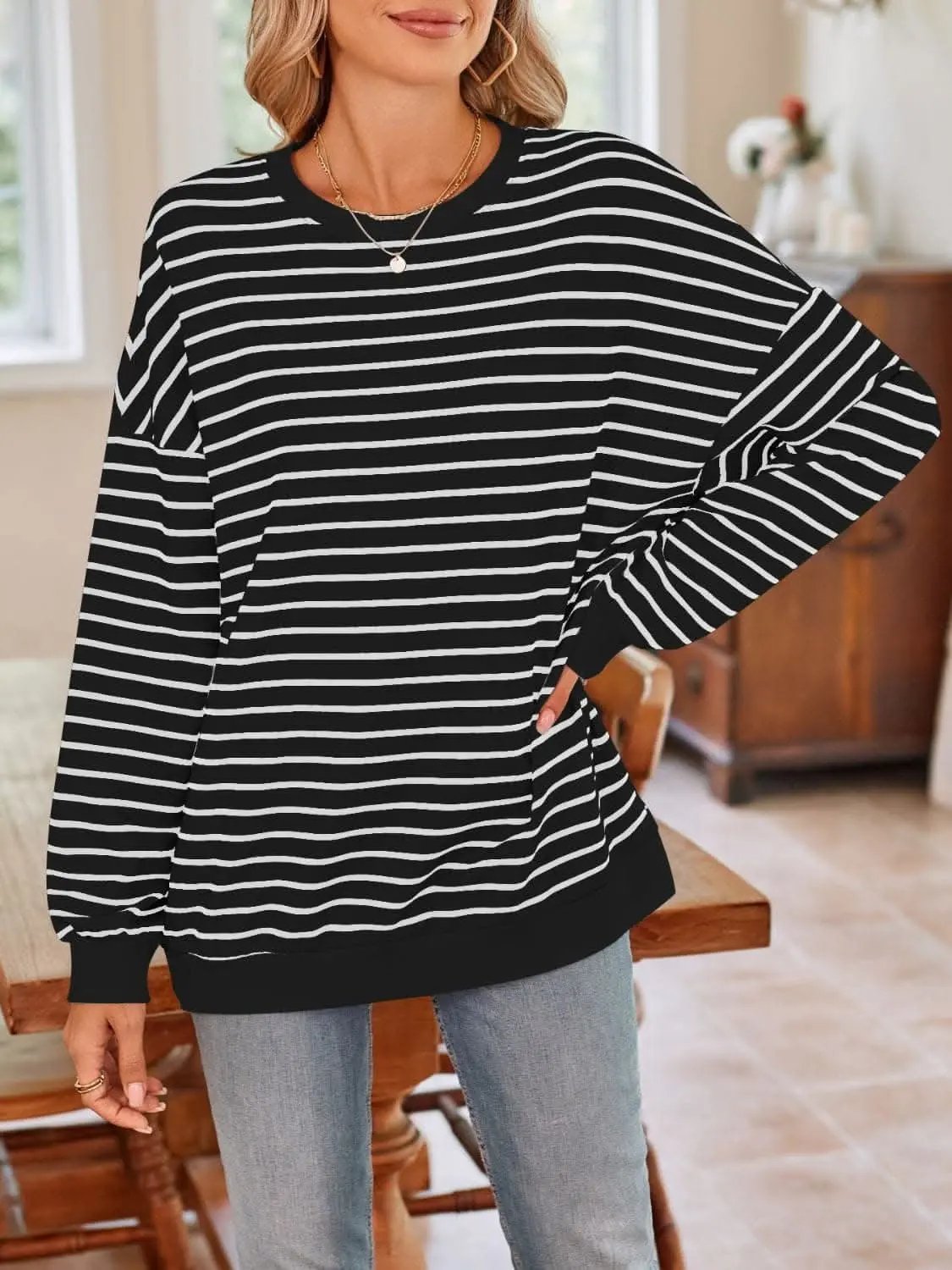 Sweatshirts & Hoodies Trendsi Cozy striped crewneck sweatshirt