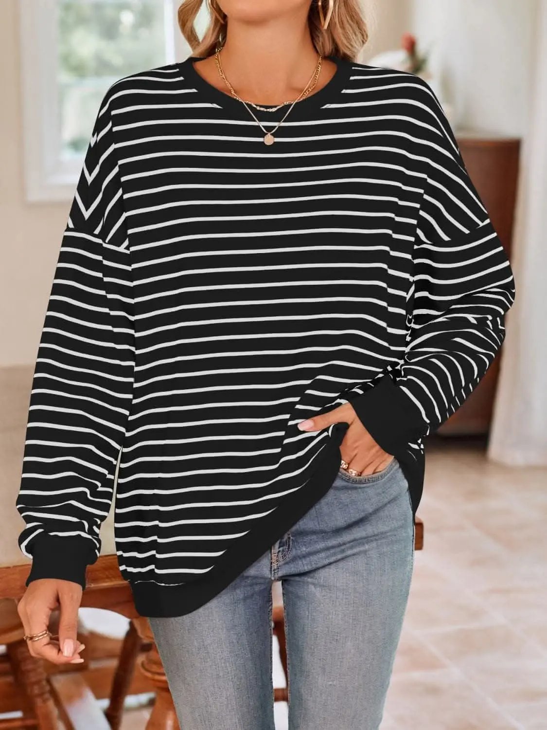 Sweatshirts & Hoodies Trendsi Cozy striped crewneck sweatshirt