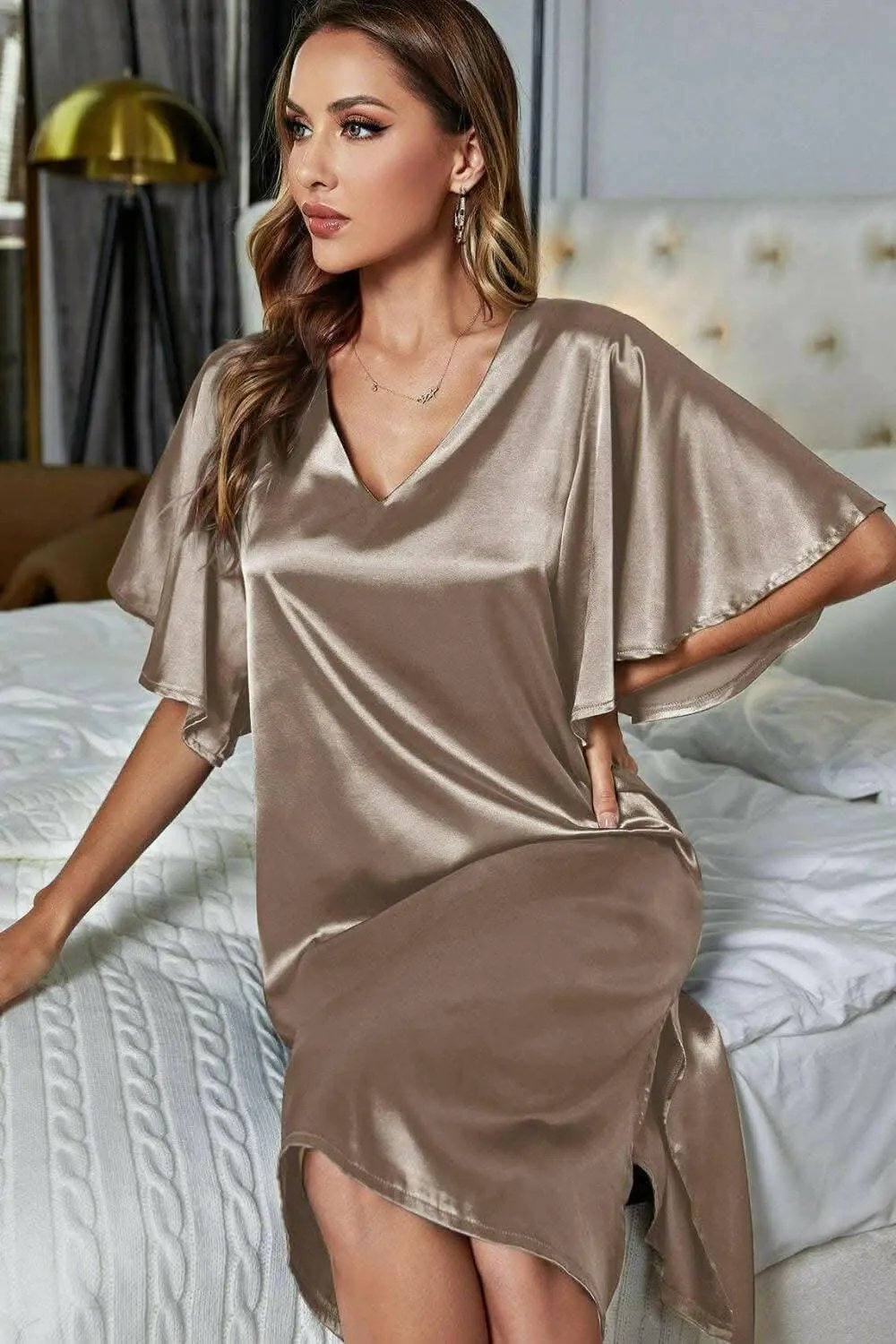 Satin Nightgown | Trendsi V-Neck Flutter Sleeve