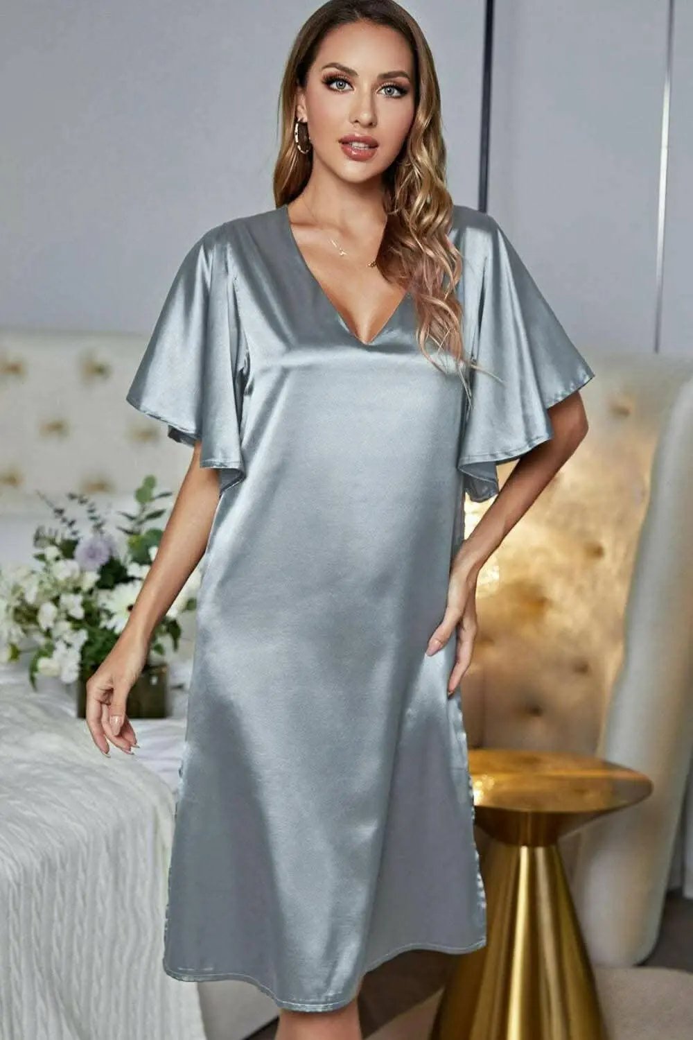 Satin Nightgown | Trendsi V-Neck Flutter Sleeve