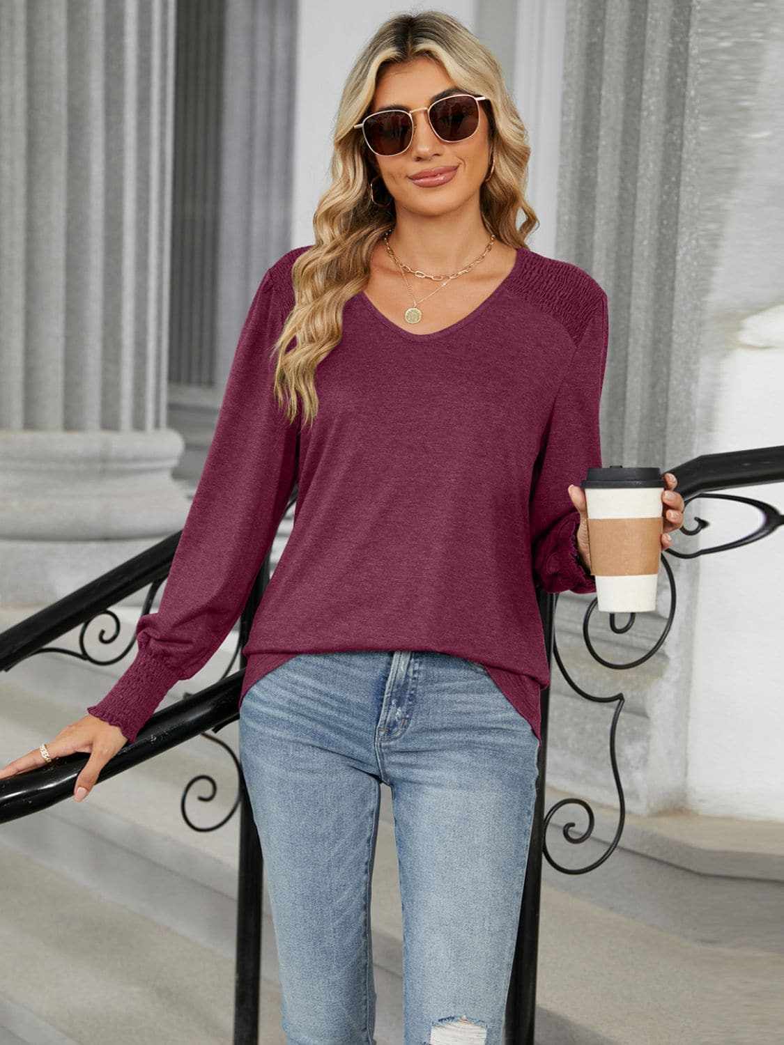 T-Shirts Trendsi Chic V-neck lantern sleeve top