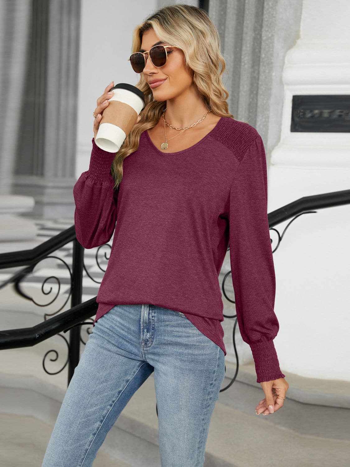 T-Shirts Trendsi Chic V-neck lantern sleeve top
