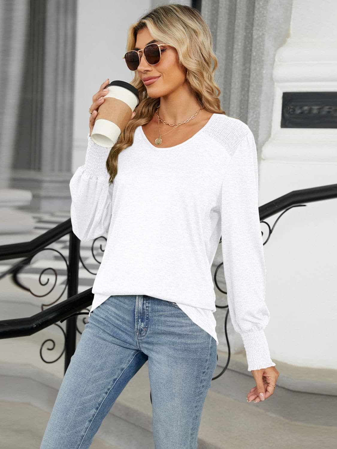 T-Shirts Trendsi Chic V-neck lantern sleeve top