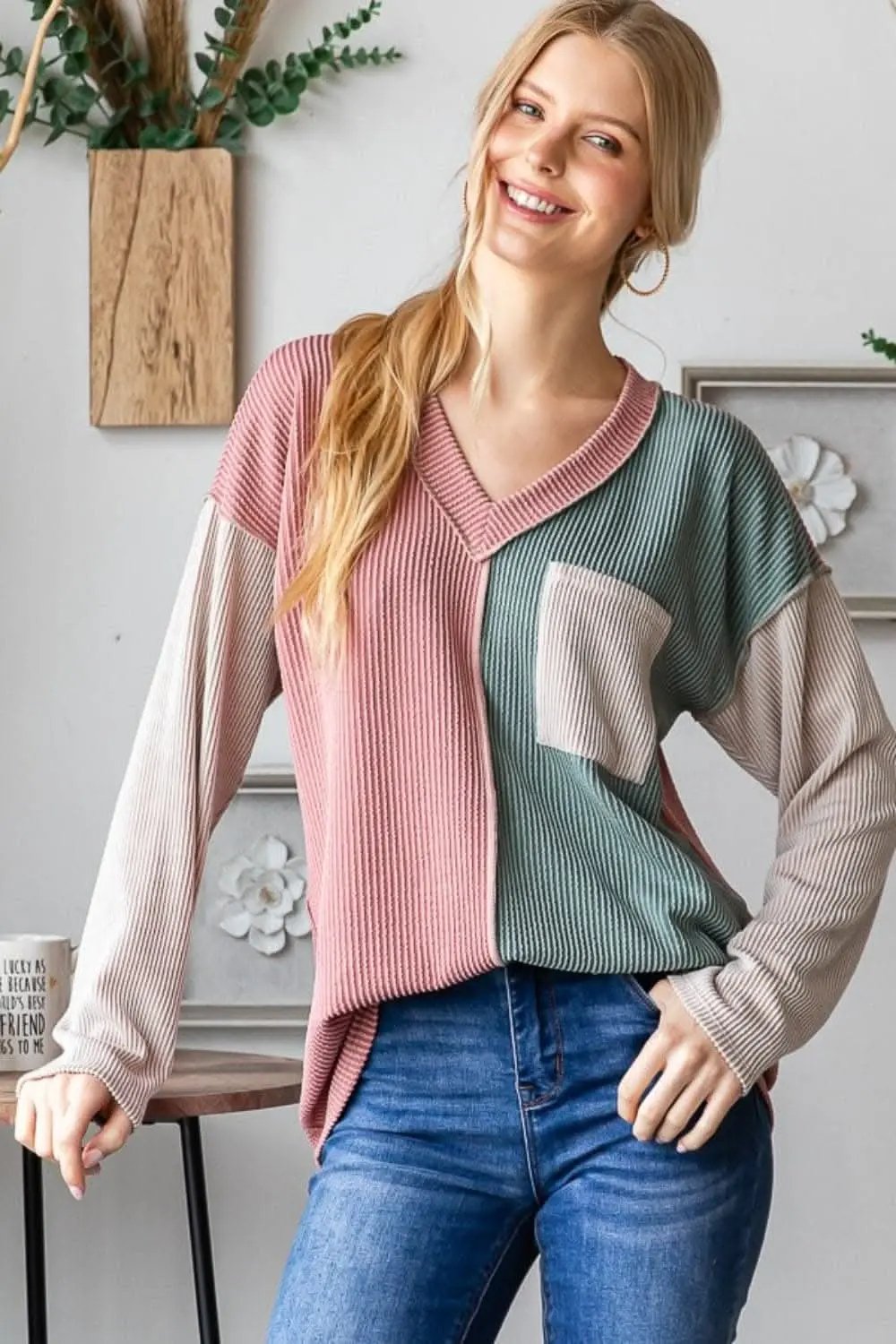 T-Shirts Trendsi Color block ribbed tee with seams
