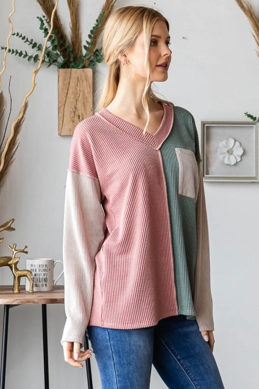 T-Shirts Trendsi Color block ribbed tee with seams