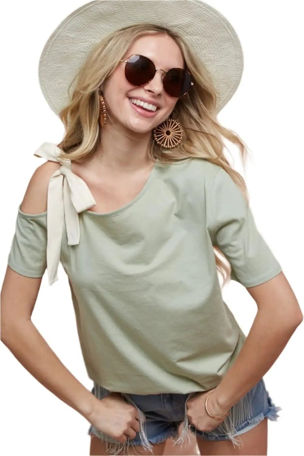 T-Shirts Trendsi One-Shoulder Tee Women's Casual T-Shirt Ribbon Tie Detail, Trendy Top