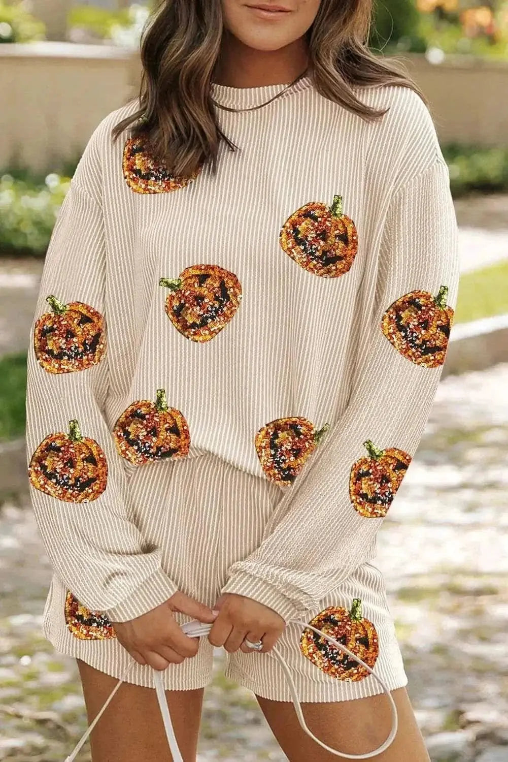 Sequin Pumpkin Halloween Outfit Set — Women's Two-Piece Party Wear