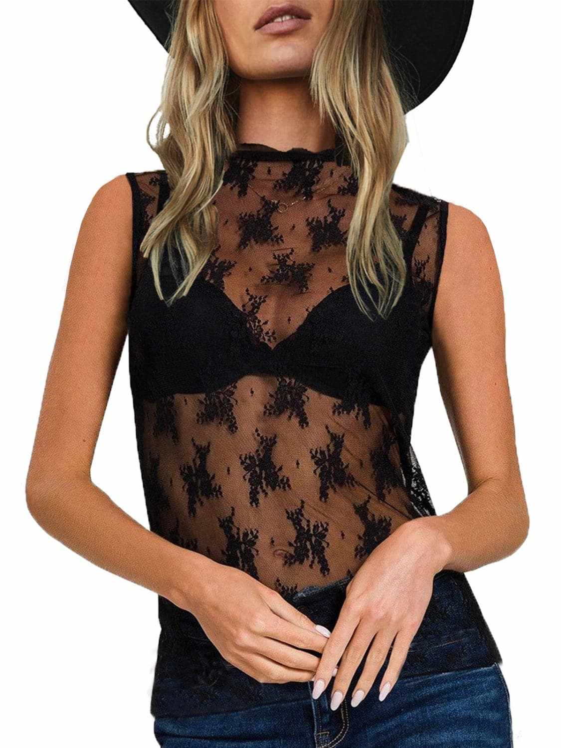 Tanks & Camis Trendsi Sheer lace mock neck top
