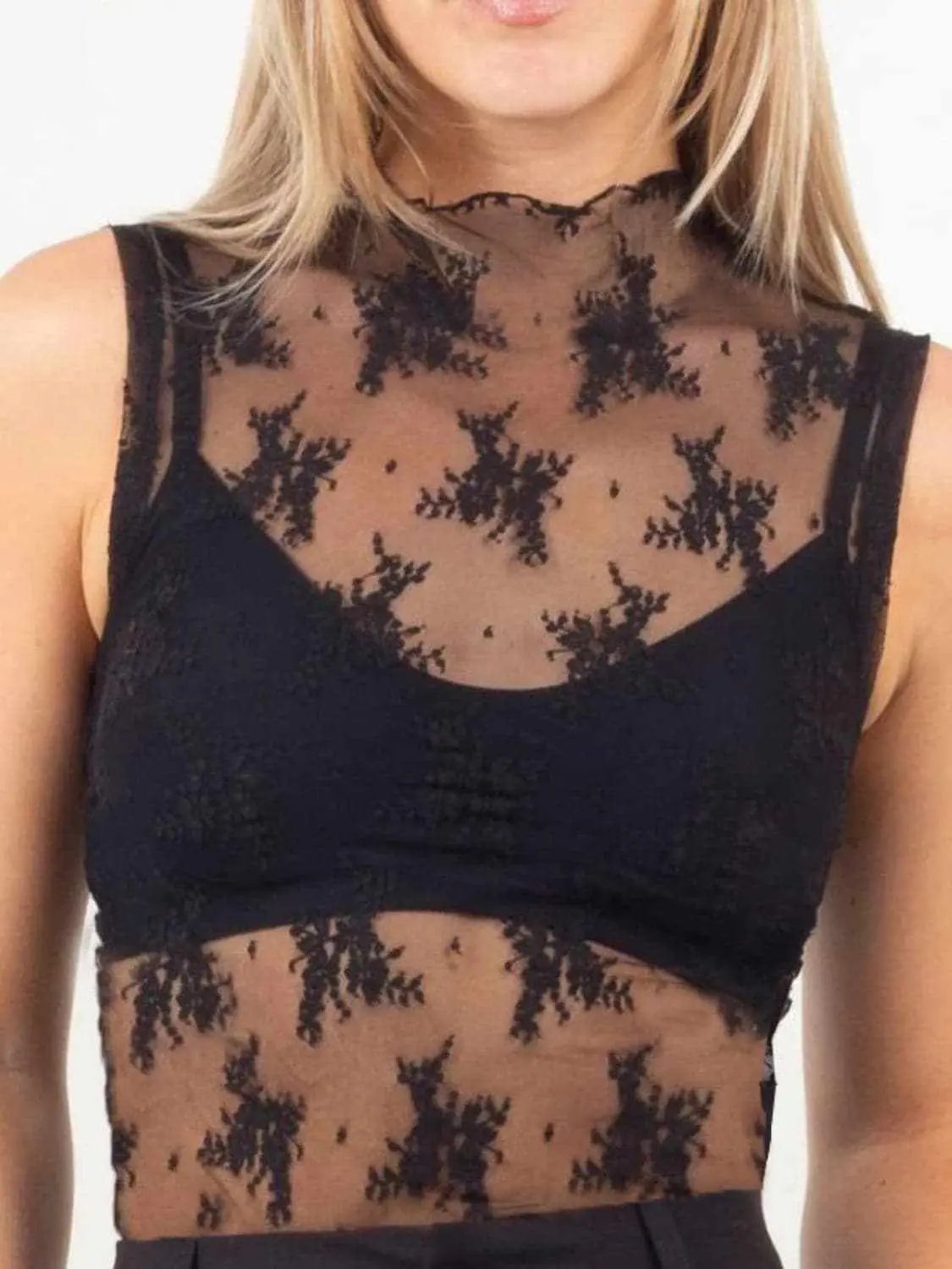 Tanks & Camis Trendsi Sheer lace mock neck top