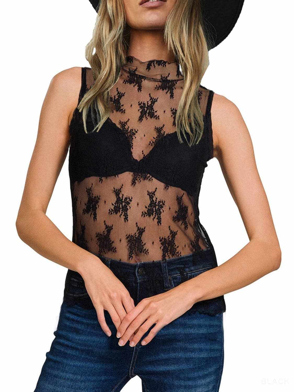 Tanks & Camis Trendsi Sheer lace mock neck top