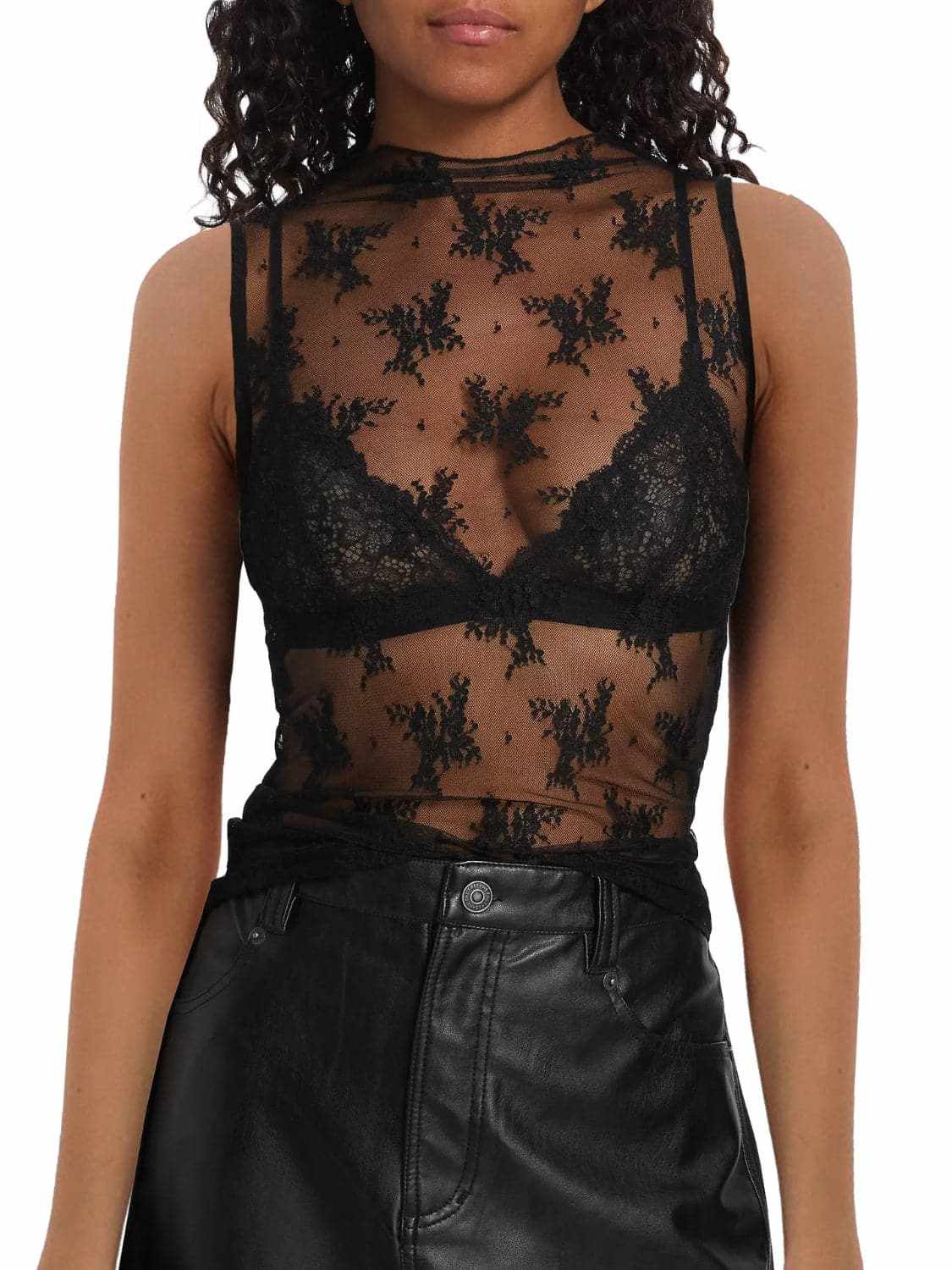Tanks & Camis Trendsi Sheer lace mock neck top