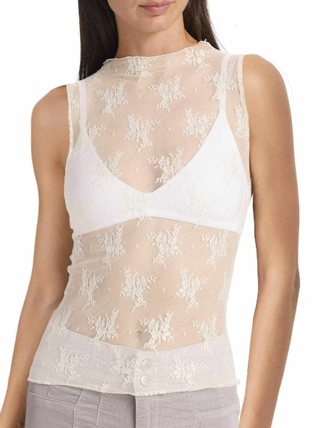 Tanks & Camis Trendsi Sheer lace mock neck top