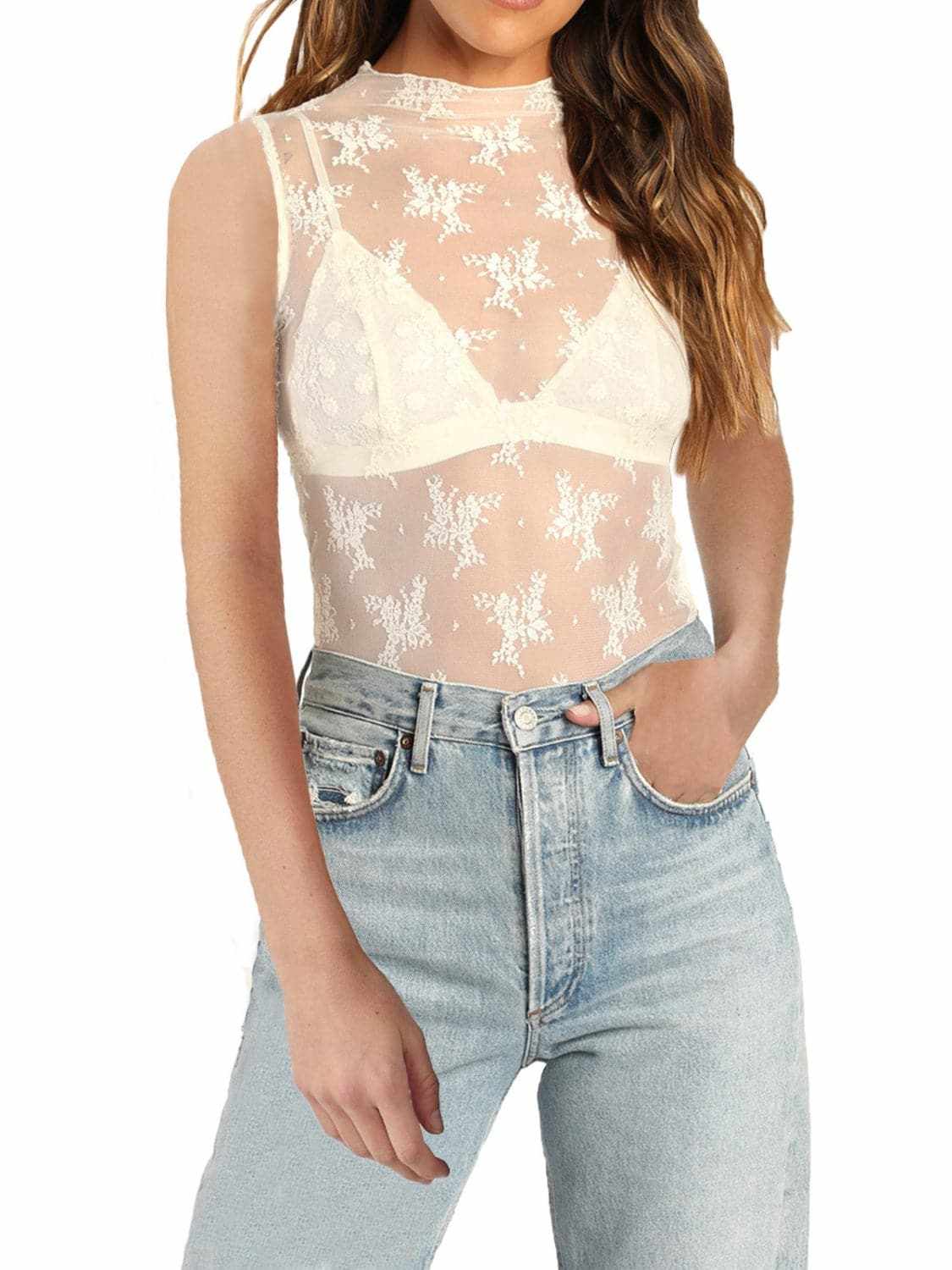 Tanks & Camis Trendsi Sheer lace mock neck top