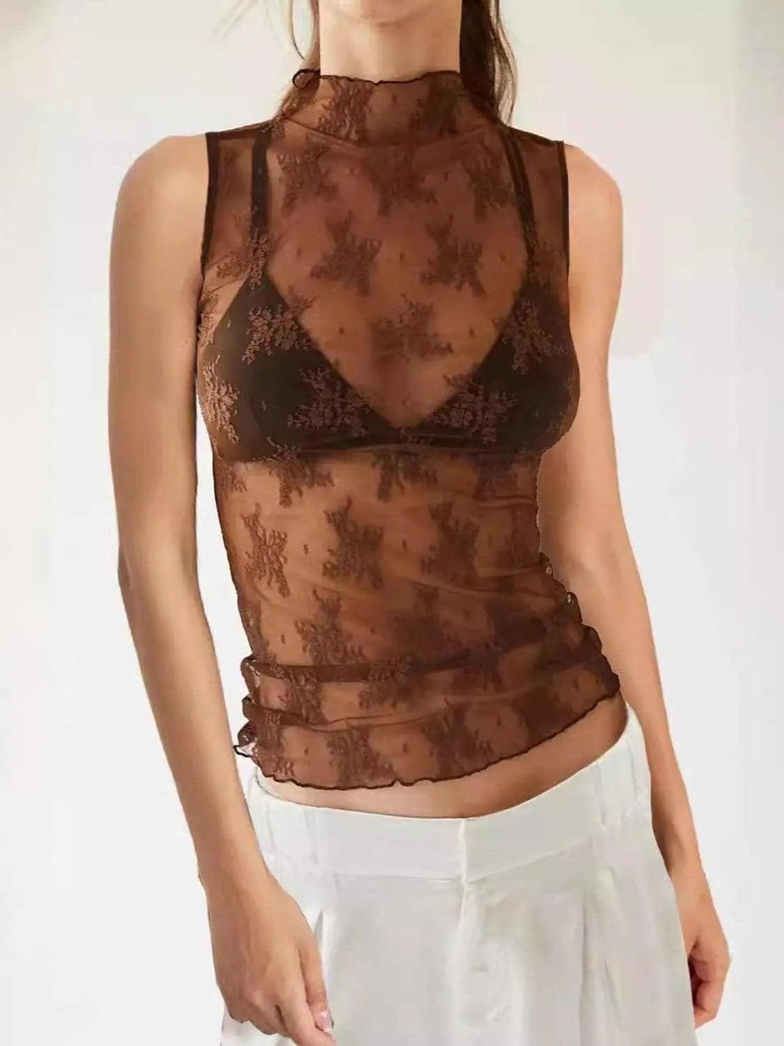 Tanks & Camis Trendsi Sheer lace mock neck top