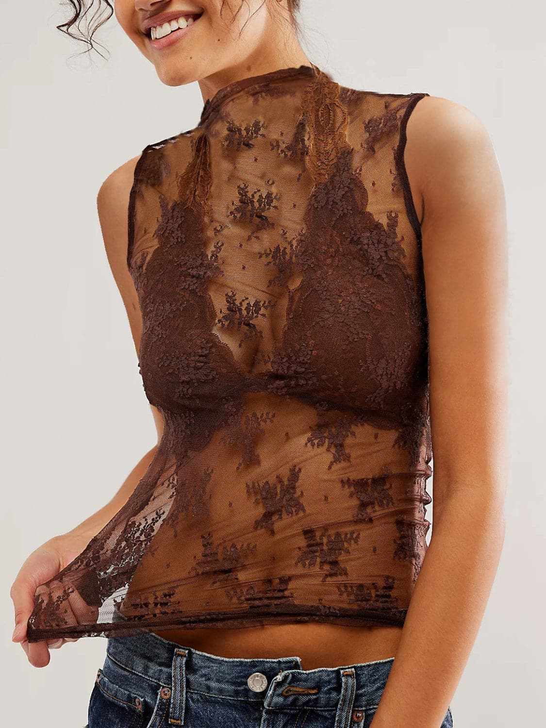 Tanks & Camis Trendsi Sheer lace mock neck top