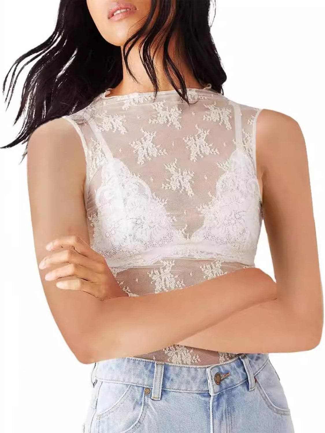 Tanks & Camis Trendsi Sheer lace mock neck top