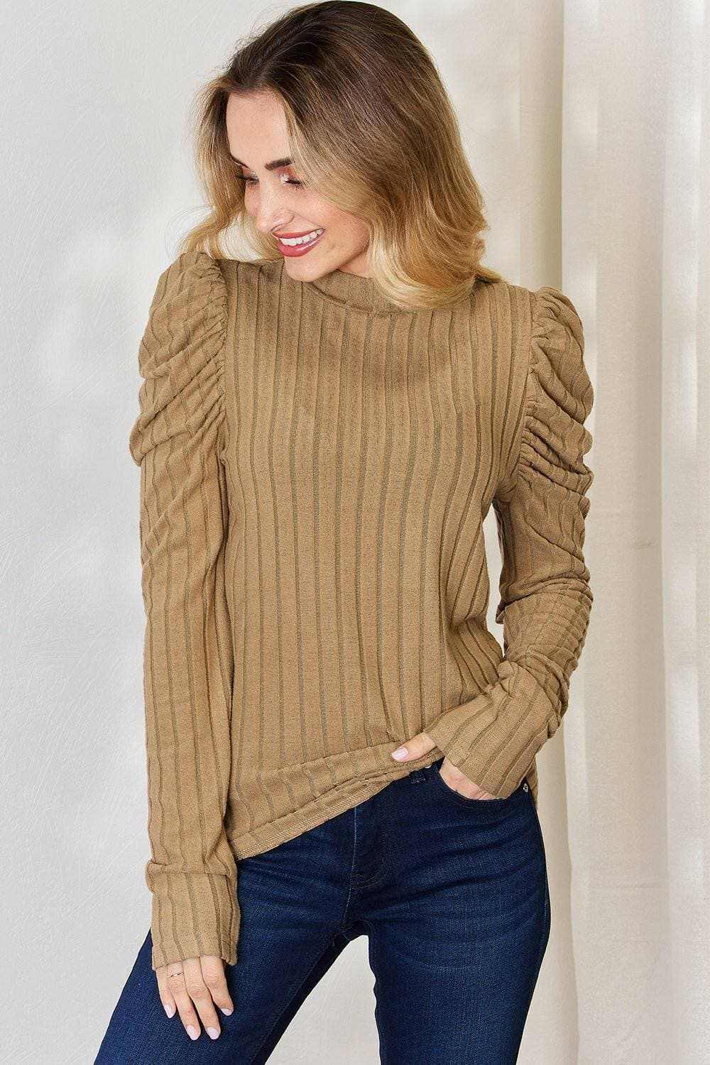 Women's Mock Neck Top Trendsi Women's Ribbed Mock Neck Puff Sleeve Top Long Sleeve