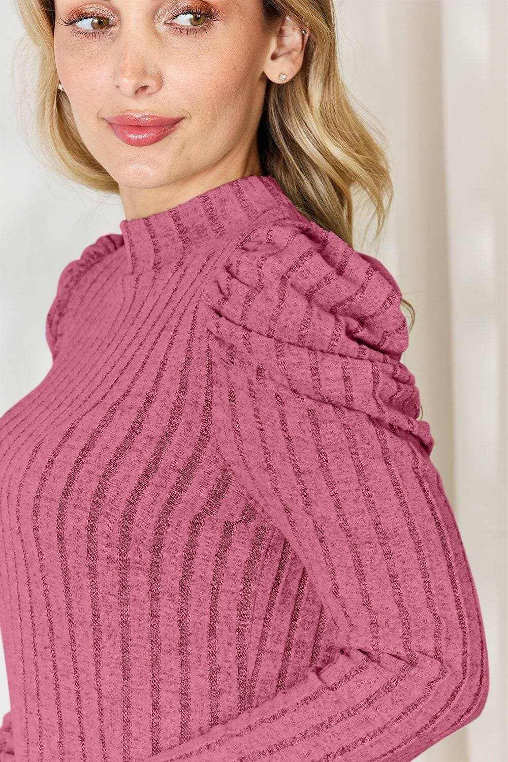Women's Mock Neck Top Trendsi Women's Ribbed Mock Neck Puff Sleeve Top Long Sleeve